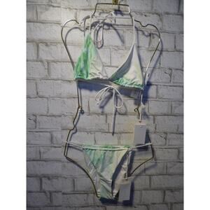 Good American Green Marble String Tie Triangle Bikini Set XS S NEW